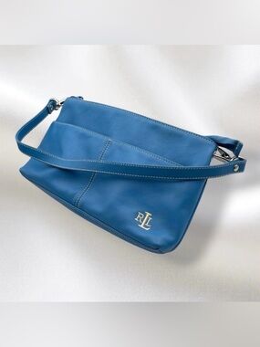 Ralph Lauren Blue Soft Leather Handbag Clutch Detachable Strap 10"x1.5"x6"